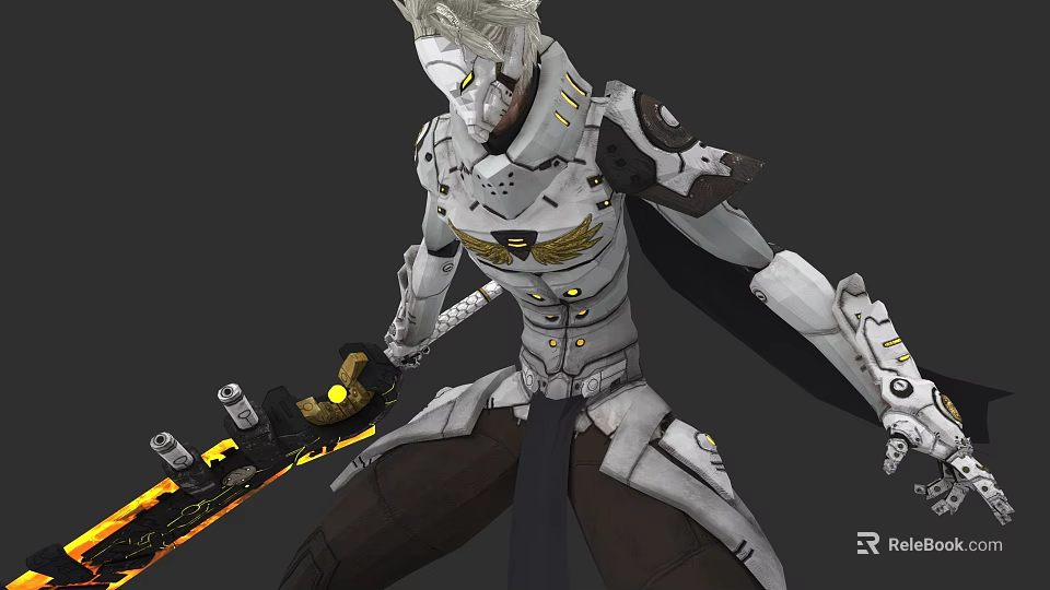 Game Movie Character in Silver White Armor with Golden Emblem Holding Weapon with Yellow Glow 3d model 