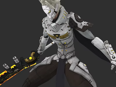 Game Movie Character in Silver White Armor with Golden Emblem Holding Weapon with Yellow Glow 3d model