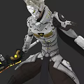 Game Movie Character in Silver White Armor with Golden Emblem Holding Weapon with Yellow Glow
