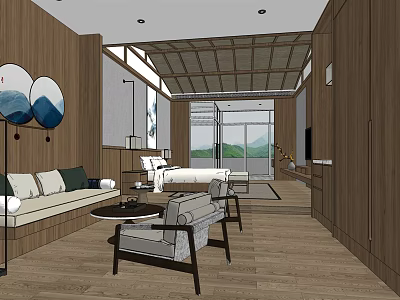 Modern Oriental Hotel Guest Room Interior With Wooden Decor Sofa And Mountain View 3d model