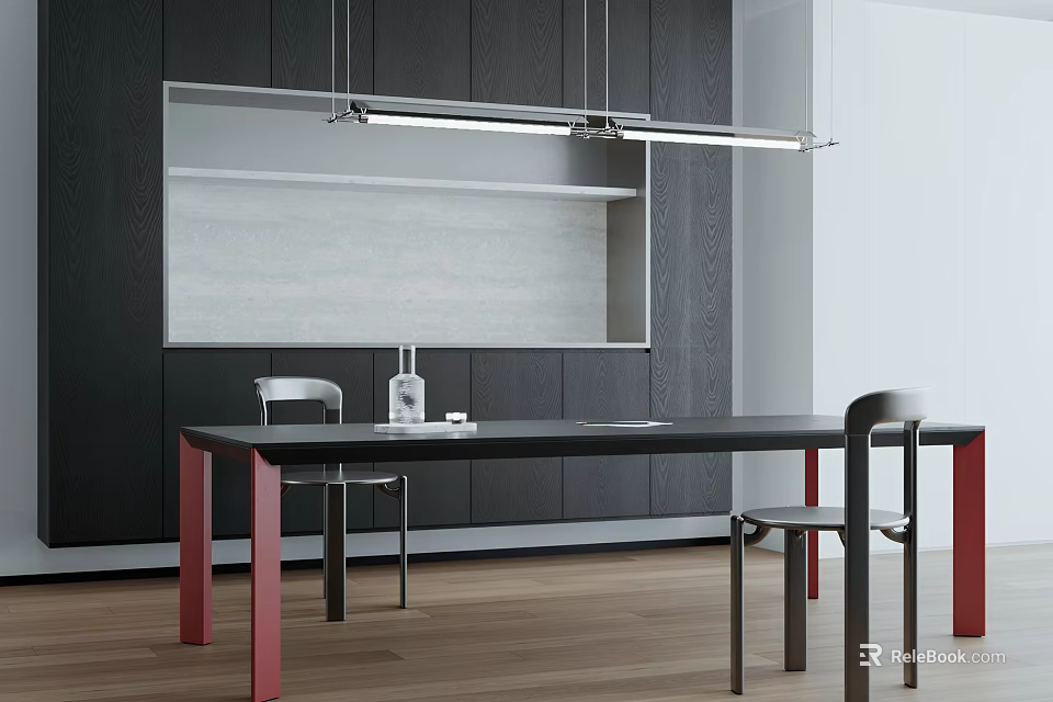 Modern Dining Table Set With Dark Walls White Countertop And Red Leg Chairs 3d model 