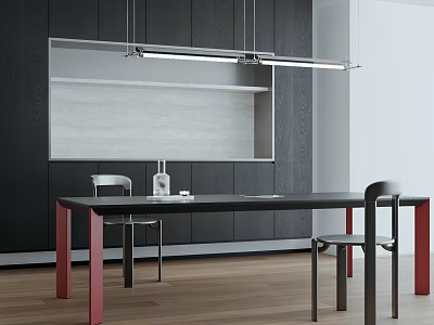 Modern Dining Table Set With Dark Walls White Countertop And Red Leg Chairs 3d model