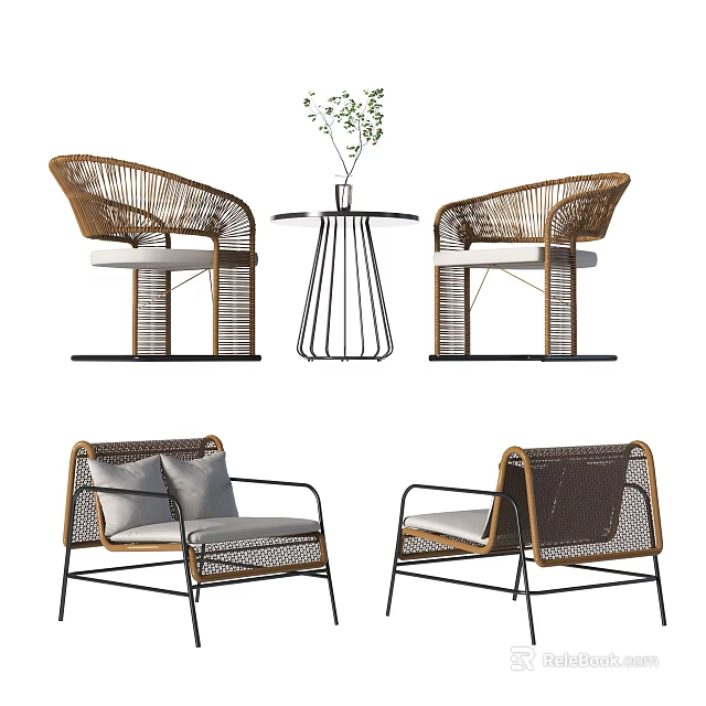 Elegant Rattan Table Chair Set with Metal Frame Cushioned Seats Vase and Plants 3d model 