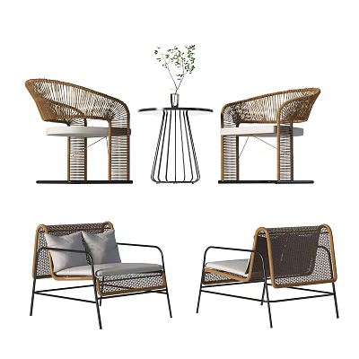 Elegant Rattan Table Chair Set with Metal Frame Cushioned Seats Vase and Plants 3d model