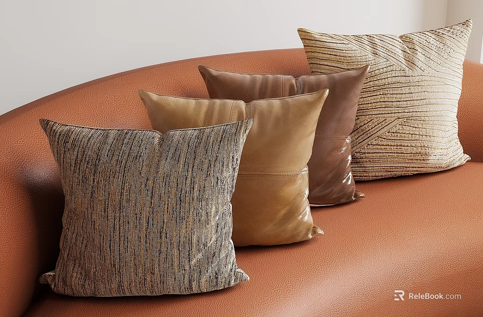 Modern Textured Pillows in Brown Beige and Striped Patterns on Orange Sofa 3d model