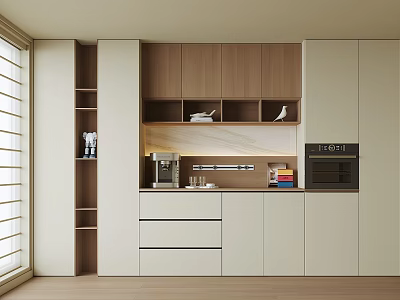 Modern Minimalist Interior Sideboard Design With Wooden Cabinets White Panels Open Shelves And Coffee Machine 3d model