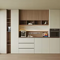 Modern Minimalist Interior Sideboard Design With Wooden Cabinets White Panels Open Shelves And Coffee Machine