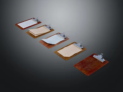 Practical Household Clipboards With Various Colors Wooden Boards Metal Clips And Paper Sheets 3d model