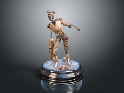 Vintage Military Figure Sculpture With Worn Texture And Circular Reflective Base 3d model