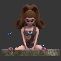 Girl with ponytail sitting on circular stone platform surrounded by blue butterflies and pink flowers
