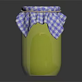 Practical Household Item Yellow Jar With Blue And White Checkered Cloth Cover Tied With String