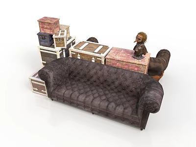 Dark Brown Tufted Sofa With Stacked Suitcases Wooden Boxes And Small Statue 3d model