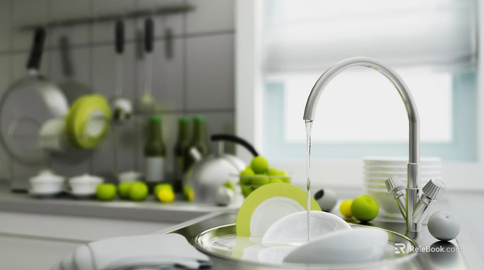 Modern Kitchen Sink With Running Water And Ceramic Dinnerware Set With Green Lemons 3d model 