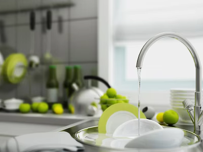 Modern Kitchen Sink With Running Water And Ceramic Dinnerware Set With Green Lemons 3d model