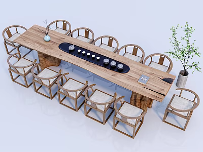 Wooden Tea Table And Chairs Set With Tea Sets Vase And Decorative Plant 3d model