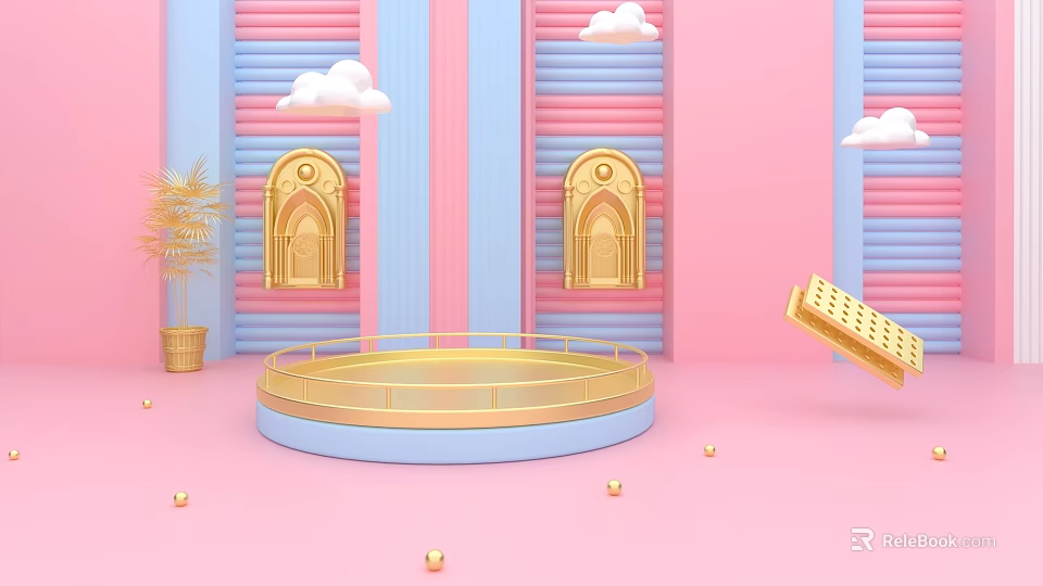Pink Blue Striped Background With Golden Arches Circular Platform Cloud Decorations And Balls 3d model 