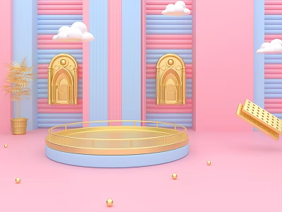 Pink Blue Striped Background With Golden Arches Circular Platform Cloud Decorations And Balls 3d model