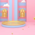 Pink Blue Striped Background With Golden Arches Circular Platform Cloud Decorations And Balls