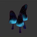 Three Glowing Teal Mushroom Plants With Stems On Gray Background And Reflections