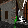 KTV Corridor Interior With Brick Walls Wooden Doors Green Railings And Checkered Floor