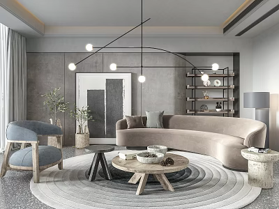 Modern Living Room Beige Curved Sofa Wooden Coffee Table Set With Round Rug 3d model