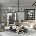 Modern Living Room Beige Curved Sofa Wooden Coffee Table Set With Round Rug