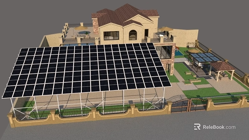 Solar Panel Covered Detached Villa With Pool Garden And Outdoor Terrace 3d model 