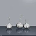 Three White Garlic Shaped Decorative Ornament Set On Gray Reflective Surface 3d model
