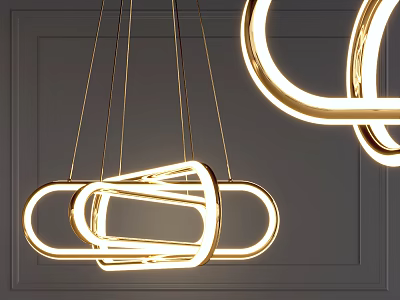 Modern Geometric Gold Chandelier With Illuminated Ring Structure In Contemporary Interior 3d model