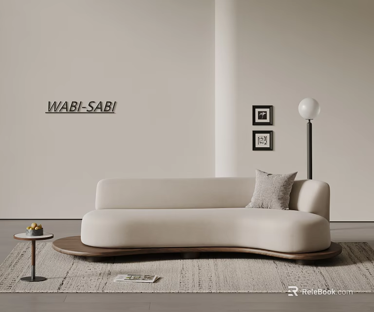 Wabi Sabi Style Beige Double Sofa With Small Side Table Floor Lamp And Wall Art 3d model 