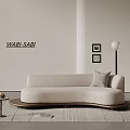 Wabi Sabi Style Beige Double Sofa With Small Side Table Floor Lamp And Wall Art