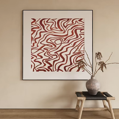 Abstract Painting With Red White Wavy Lines Black Framed On Beige Wall And Decorative Vase 3d model