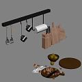 Essential Kitchen Utensils With Black Hanging Rod Paper Towel Knives Wooden Cutting Boards And Olives