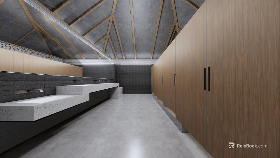 Modern Public Restroom Interior Design With Wooden Stalls Gray Floor And White Sinks 3d model 