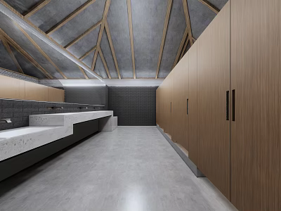 Modern Public Restroom Interior Design With Wooden Stalls Gray Floor And White Sinks 3d model