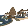 Tropical Thatched Roof House with Pool Terrace and Circular Water Features
