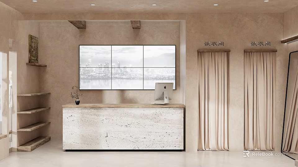Minimalist Modern Clothing Store Interior With Reception Desk Large Screen And Curtains 3d model 