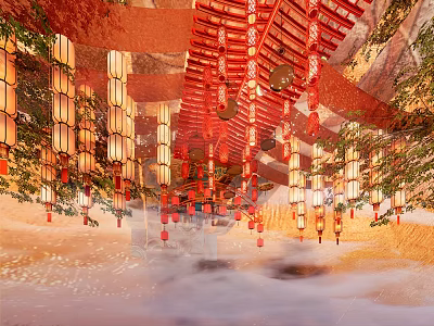 Traditional Red Gold Lanterns Hanging In Wooden Architectural Structure With Trees And Mist 3d model