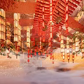 Traditional Red Gold Lanterns Hanging In Wooden Architectural Structure With Trees And Mist