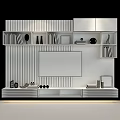 Modern TV Wall Unit with Wooden Slat Background Storage Shelves Books Decorative Items Photo Frames