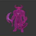 Mythical Demon Warrior With Red Black Horns Metal Armor Blue Glowing Scythe And Axe