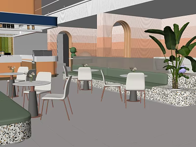 Modern Café Interior With White Chairs Round Tables And Large Green Plants 3d model