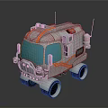 Futuristic Small Silver Vehicle With Orange Stripes Blue Windows Round Wheels And Roof Lights