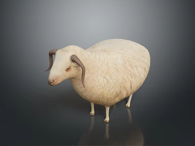 White Sheep With Curved Horns And Fluffy Wool On Dark Background Displaying Smooth Reflection 3d model