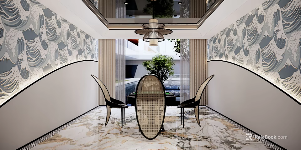 Hotel Mahjong Room Interior With Marble Floor Patterned Walls Round Table Chairs Chandelier And Plants 3d model 