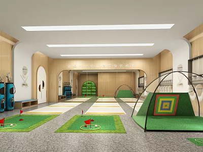 Indoor Sports Fitness Training Area With Green Mats And Golf Practice Equipment 3d model