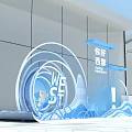 Hello Western Themed Display With Blue Waves Circular Decorations And Gray Wall 3d model