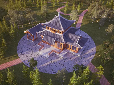 Traditional Chinese Building Exterior Wall With Wooden Structure Tile Roof Green Trees And Grass 3d model
