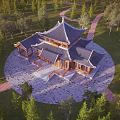 Traditional Chinese Building Exterior Wall With Wooden Structure Tile Roof Green Trees And Grass