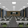 Spacious School Classroom With Neatly Arranged White Desks Green Chairs And Blackboard